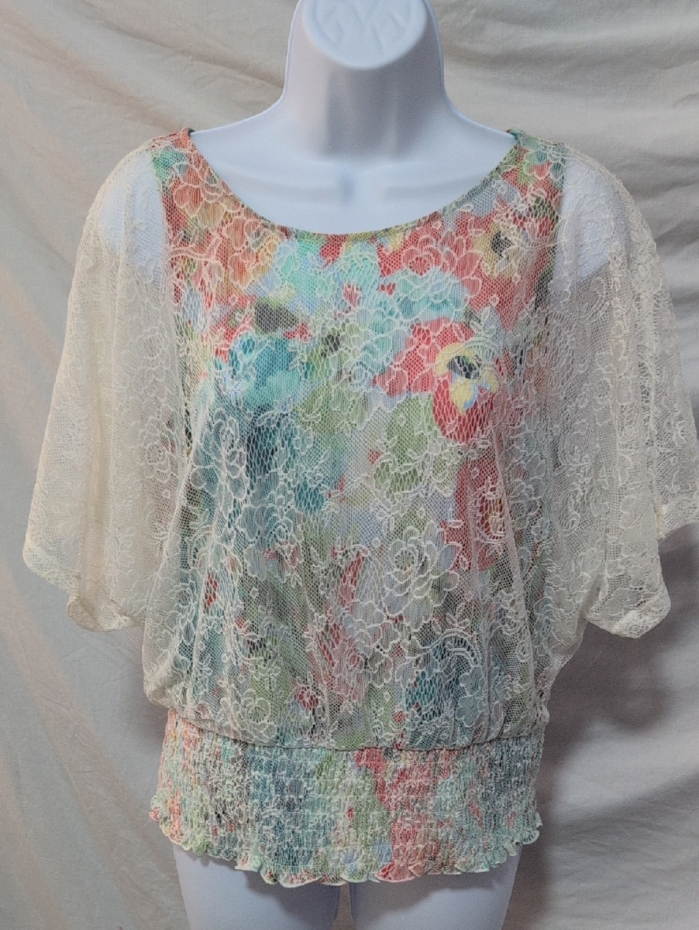 BCX Cream Lace Overlay Blouse with Pastel Floral Print